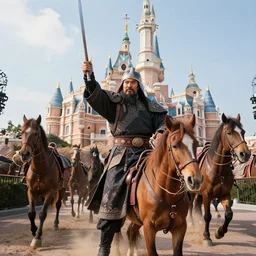 genghis khan and his mongol horde ransacking disneyland, realistic photography