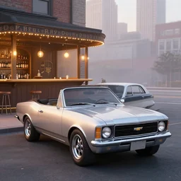 a chevrolet opala parked near a classic ny bar at sunrise, concept art, hyperrealistic, octane render, unreal engine 5, path traced, highly detailed, high quality, 8 k, dramatic lighting, cinematic, high coherence, symmetrical, high contrast, 1 9 8 0 s style, lens flare, godrays