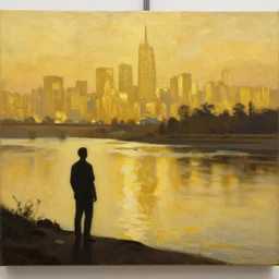 painting, silhouette of a man standing on the banks of a river, a city of gold on the other shore