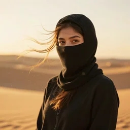 female balaclava photography portrait, desert wind, golden particles flying in the air, bokeh, golden hour