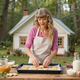 Taylor swift making cookies happily in a cute cottage on the forest