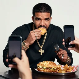 rapper drake eating fast food photo taken by a fan, photorealistic, dynamic light, iphone 1 3, studio, ultra detailed