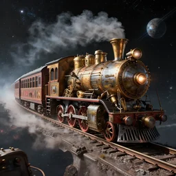 a steampunk train traveling through space