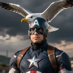 captain America with his head replaced for a seagulls head, realistic, photo real