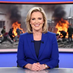 Jacinda Ardern smiling to camera in a news report, as buildings are burning and people are looting in the background.
