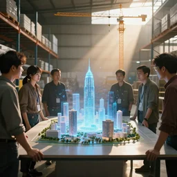 group of people in simple warehouse, looking at hologram of futuristic city on a table, cinematic concept art, godrays, golden hour, natural sunlight, 4 k, clear details, people surrounding tabletop model buildings, center model buildings, hologram center, crane shot, crane shot, crane shot