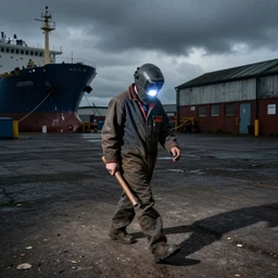 A strong Glaswegian welder walks out of the shipyards, in the style of Peter Howson,