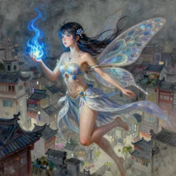 dynamic composition, motion, ultra - detailed, incredibly detailed, a lot of details, amazing fine details and brush strokes, colorful and grayish palette, smooth, hd semirealistic anime cg concept art digital painting, watercolor oil painting of a fairy, in asian city in style of cytus and deemo, blue flame, relaxing, calm and mysterious vibes, by a chinese artist at artstation