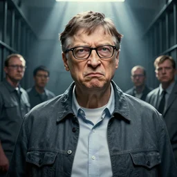 a portrait of an angry bill gates in prison, detailed illustration, octane render, god rays, intricate, epic lighting, cinematic composition, hyper realistic, 8 k resolution, unreal engine 5, by artgerm, tooth wu, dan mumford, beeple, wlop, artstation