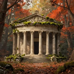 a beautiful highly detailed matte painting of a neoclassical temple partially covered by moss in a desolate forest with warm colors by Jose Daniel Cabrera Pena and Leonid Kozienko, Noah Bradley concept art