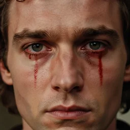1 9 6 0 s movie still close - up of marcus atilius regulus'face with blood in the eyes down the eyes, cinestill 8 0 0 t 3 5 mm, high quality, heavy grain, high detail, texture, dramatic light