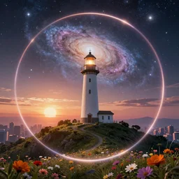 galaxy, art by ismail inceoglu, render, detailed, photorealistic, photorealistic light house on top of a hill, trending on pixiv, full hd, magic circle, landscape, photorealistic, sunsets, flowers, global illumination, block cities, digital painting, mirrors