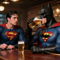 batman drinking beer with superman in a bar, photography