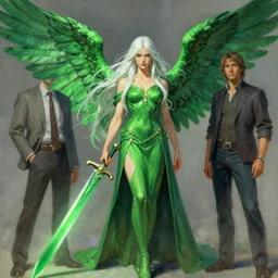 greg manchess painting of goddess of hunt wearing green clothes, green and white long hair, long green wings, large green sword, trending on artstation, by huang guangjian and gil elvgren and sachin teng