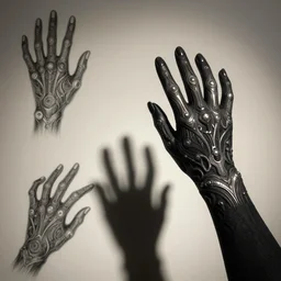 alien hand reaching for her throat was just a nightmare. dramatic lighting, intricate detailed gloves, hand pictures, haute couture, symbolism, science fiction art, hand model portfolio, hand poses photography, drawing, hand shadow photography, silhouette, fantasy, intricate, elegant, extremely, detailed, trending, art