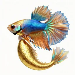 an anime of a mermaid with a betta fish body, wearing a gold blue peacock mantis shrimp crop top jacket, art by yuji ikehata and satoshi kon, background art by miyazaki, proper human proportions, vhs