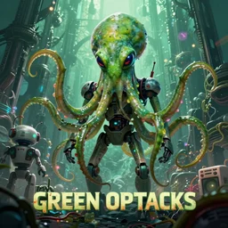 a movie poster for the film (green octopus attacks robot) by Tom Whalen, highly detailed, fantasy, artstation