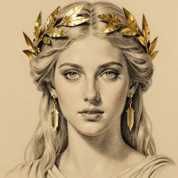 pencil drawing of a beautiful greek goddess aphrodite wearing gold leaf crown and arrowhead earrings, beautiful piercing eyes with sexy look, beautiful blonde hair, hyper realistic face, in the style of greg rutkowski, fantasy, amazing detail, epic, elegant, smooth, sharp focus, from the front