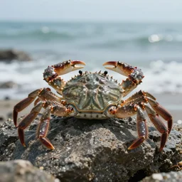 A crab contemplating the sea. Peaceful. Hyper detailed. Ultra realistic. High quality. High resolution