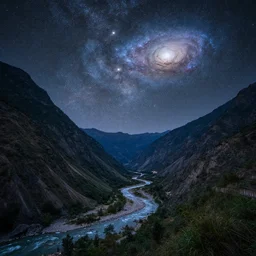 a beautiful double exposure of an award winning night time landscape photo of a valley with a river and towering mountains, and an astronomy photo of the day showing a deep field stacked focus photo of a galaxy