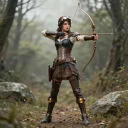 full body photo of a steampunk female archer