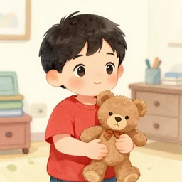 little kid with red shirt in his room holding teddy bear in style ofwater colors illustration