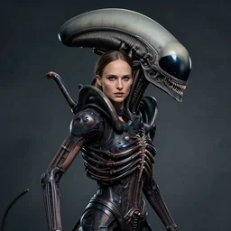 a beautiful portrait of natalie portman with a xenomorph alien queen by h.r. giger, detailed, proportional, trending on art station, 4k