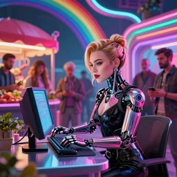 cyberpunk goth girl scarlett johansson cyborg working on cyberpunk computer in cyberpunk farmers market by william barlowe and pascal blanche and tom bagshaw and elsa beskow and enki bilal and franklin booth, neon rainbow vivid colors smooth, liquid, curves, very fine high detail 3 5 mm lens photo 8 k resolution