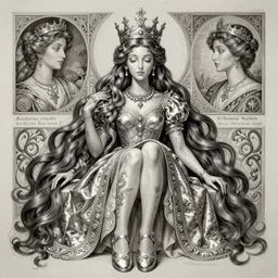 crowned queen with long hair wearing silvee slippers, fantasy, intricate, elegant, highly detailed, wide, digital painting, artstation, concept art, matte, sharp focus, illustration, art by Artgerm and Greg Rutkowski and Alphonse Mucha