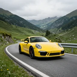 three - quarters front view of a yellow 2 0 1 7 porsche 9 1 1 coming around a curve in a mountain road and looking over a green valley on a cloudy day.
