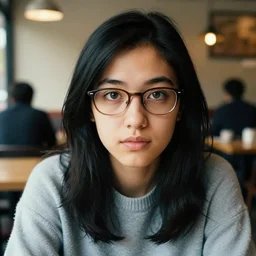 a photograph of a nerdy young woman from ucla wearing a sweater, sitting in a cozy cafe, black hair, dof, sharp focus, highly detailed face, symmetric face, realistic iris, cinestill 8 0 0 t, photography by bill henson