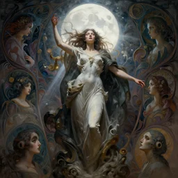 goddess, masterpiece ,  cinematic, powerful, moon beams dramatic light, highly, intricate elements, hollow souls, detailed, digital painting, artstation, concept art, sharp focus, illustration, dynamic art by Raphael Kirchner and Margaret Macdonald Mackintosh and Mitch Foust, john waterhouse