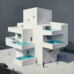 painting of a white concerete 3 d printed brutalist house architecture with big pools by darek zabrocki, alphonse mucha and greg ruthkowski and simon stalenhag, cinematic and cold atmospheric, archillect concept art, artstation, trending on artstation
