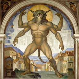 Occult Illuminati giant Gargantua stands above the small town leering with enormous eye painting by giotto leonardo da vinci fresco