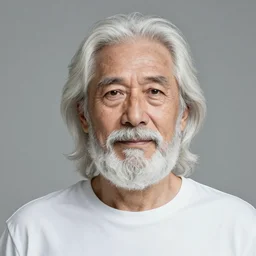 an 8 0 year old man with long white hair and a white beard poses in his black armor and sword, art by artgerm
