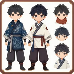 character sheet for a cute wuxia style boy, winter clothes has complex pattern, cool color, for genshin impact by greg rutkowski, by studio ghibli, digital art, trending on artstation, hd, 8 k, highly detailed, good lighting, beautiful, masterpiece