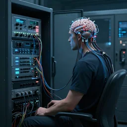 a man sitting in front a mainframe with cables attached to his brain, unreal engine, cinematic light, hyper detailed