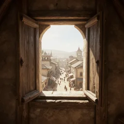 dry arid delicious view from standing inside the interior dingy wooden fort tower window looking out at the bustling medieval town streets below atmospheric unreal engine hyperreallistic render 8 k concept art masterpiece screenshot from the video game assassin's creed odyssey 2 7 0 0 k global illumination