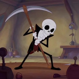 an disney animation of the death character with his scythe, working hard, in a open-space working space, 1970.