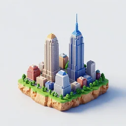 no crop. 3 d isometric diorama full view of a small island with two tall new york buildings on top of it, detailed, sharp focus, a 3 d render by filip hodas, featured on polycount, cubo - futurism, colorful, voxel art, diorama, cityscape, octane render, no crop!!!
