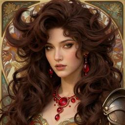 song of the hurricane, detailed beauty close - up portrait, chocolate, opulent swirling hair, crimson jewellery, organic background, armor, art by wlop, peter morebacher, greg rutkowski, craig mullins, ruan jia, thomas kinkade, victor ngai, james jean, takato yamamoto, tomokazu matsuyama, alphonse mucha, unreal engine, blender,