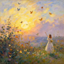 in the golden hour of morning butterflies fly joyfully, viewed from third person at a distance by auguste renoir