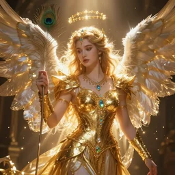 beautiful angel with peacock feather ,golden armor, shining light, gems, god rays