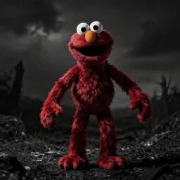 scary elmo with long, slim, gangly arms, horror, slenderman, terror, night cam footage, monochrome, red and black