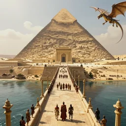 fantasy scifi scene martin deschambault and canaletto and andreas rocha of artstation egypt and many soliders marching in formation on a bridge leading to a gigantic pyramid temple, nicol bolas dragon, epic cinematic composition, volumetric lighting, sunny morning light, fine details, hyperrealism, aerial symmetrical view
