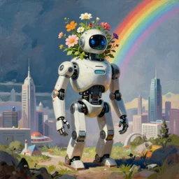 a painting by syd mead of a bipedal robot with flowers growing out of the top of its head with a futuristic city and a rainbow in the background