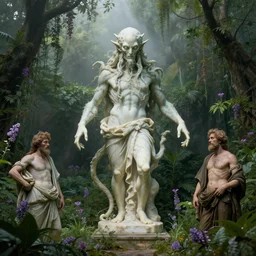 a classical greek marble statue of an eldritch cthulhu in a lush dense verdant garden by albert bierstadt and anton fadeev and hubert robert, horror, lovecraftian, mist, hyperrealism, volumetric lighting, god rays, ultrafine details, sfumato, purple flowers, overgrown