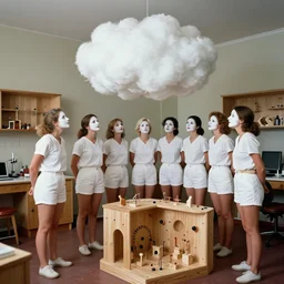 realistic photo of a group of female scientists wearing white shorts, faces covered with white paint, watching at a levitating fluffy furry cloud, in a living room laboratory with many wooden gadgets made of wood interior is made of wood 1 9 9 0, life magazine reportage photo, natural colors
