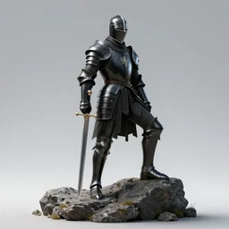 knight with sword in black armour standing with one foot on a high detail rock, high resolution, realistic, 8 k hyper real, rtx, unreal engine 5
