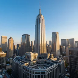 sci - fi city rooftop view from skyscraper, ideal blue sky, highly detailed, beautiful light and sunset, photorealistic, octane render